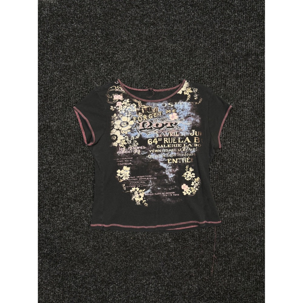 Vintage Forget Me Not Y2K Graphic Baby Tee Black Pink Contrast Stitch Large